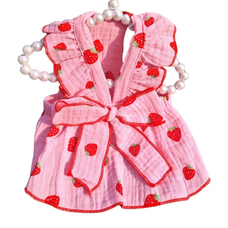 Strawberry Print Dog Dress with Leash Ring and Bow Decor - GreenFur
