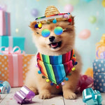 Striped Triangle Dog Scarf and Straw Hat Set with Colorful Pom - Poms - GreenFur