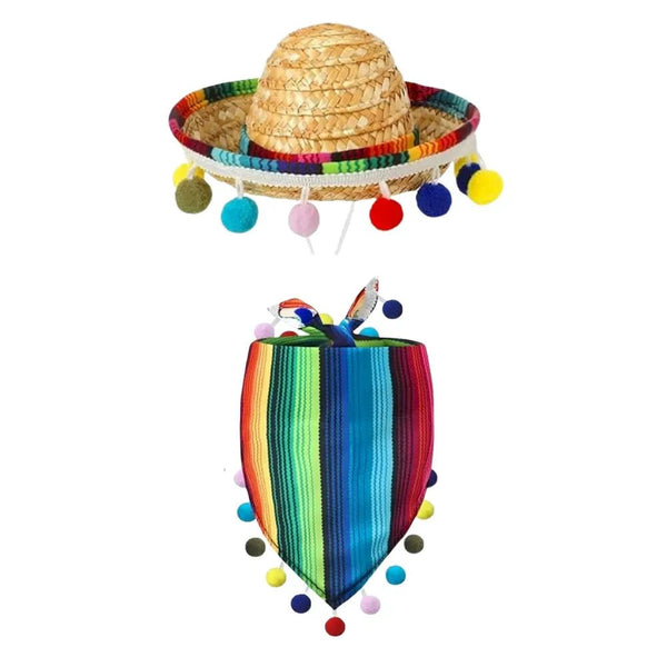 Striped Triangle Dog Scarf and Straw Hat Set with Colorful Pom - Poms - GreenFur