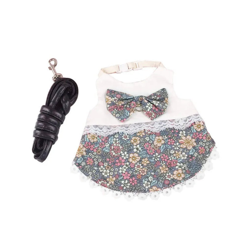 Stylish Cute Cotton Floral Rabbit Dress with Leash - GreenFur