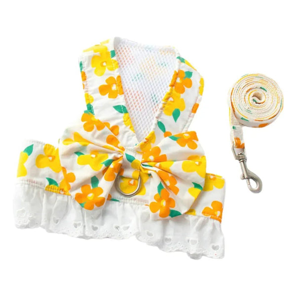 Summer Lightweight Pet Harness Dress with Bow and Matching Leash - GreenFur