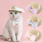Sun Protection Straw Hat with Bow Knot for Cats - GreenFur