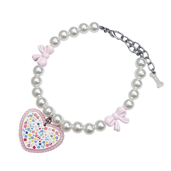 Valentine's Day Pearl Beaded Pet Collar with Heart Pendant Adjustable Necklace for Small and Medium Dogs and Cats - GreenFur