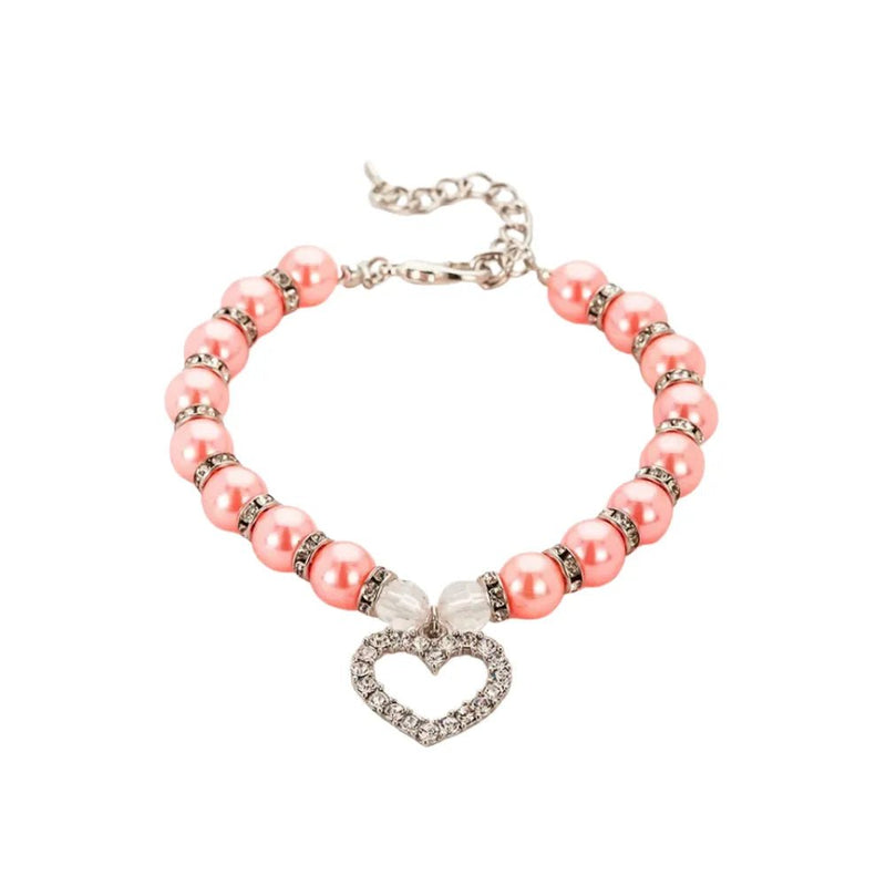Valentine's Day Pet Pearl Necklace with Rhinestone Heart Pendant - GreenFur