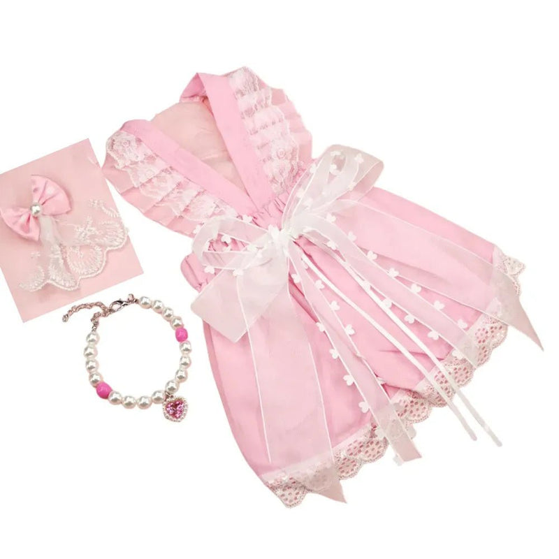 Valentine's Day Pink Pet Dress with Necklace and Hair Clip Set - GreenFur