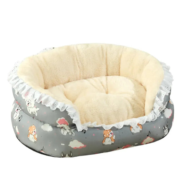 Winter Padded Pet Bed Open Design with Floral Skirt - GreenFur