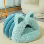 Winter Plush Cat Ear Pet Bed with Removable Cushion - GreenFur