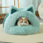 Winter Plush Cat Ear Pet Bed with Removable Cushion - GreenFur