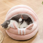 Winter Plush Semi - Enclosed Cat Bed Pet House with Pom - pom - GreenFur