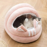 Winter Plush Semi - Enclosed Cat Bed Pet House with Pom - pom - GreenFur